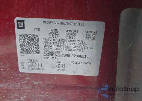 2020 Chevrolet Traverse Fwd Lt Cloth из США, поврежденный, VIN 1GNERGKW5LJ280851